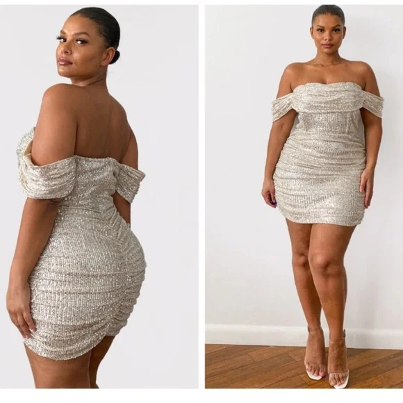 PrettyLittleThing Champagne Off-Shoulder Dress - Picture 1 of 6